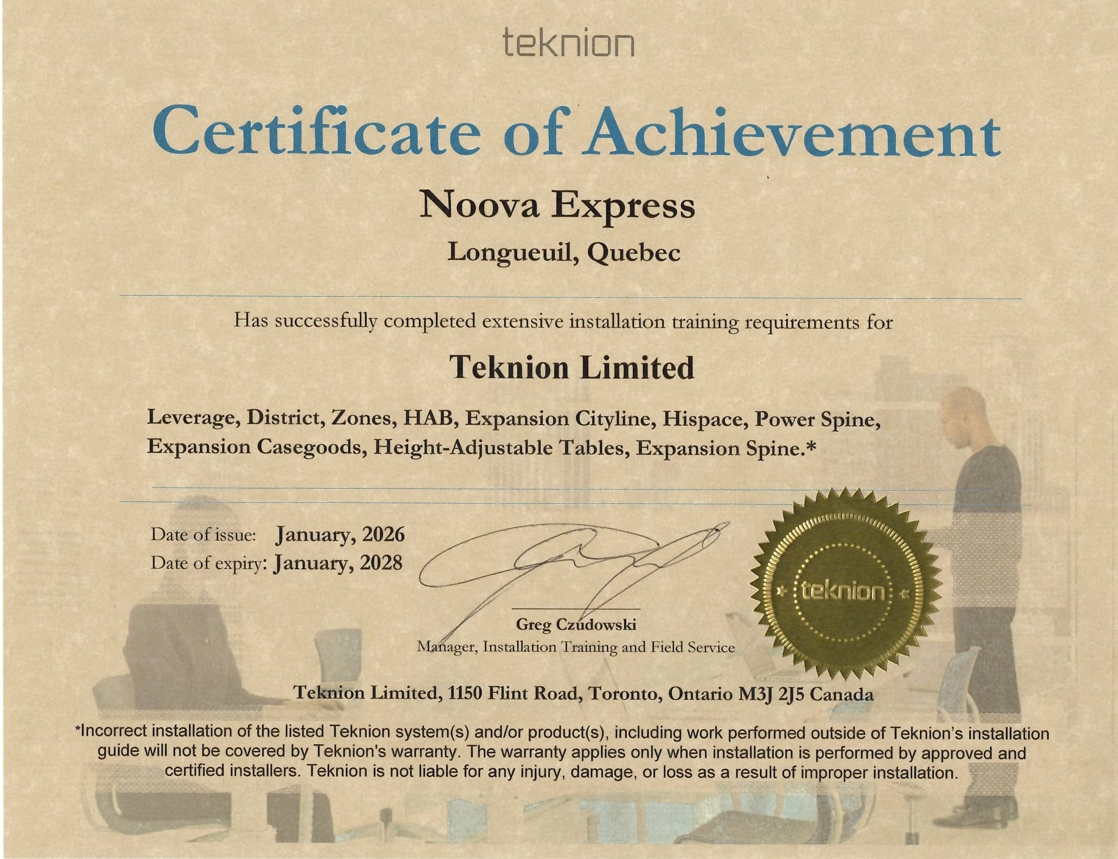 Teknion Certificate of Achievement awarded to Noova Express, Longueuil, Quebec