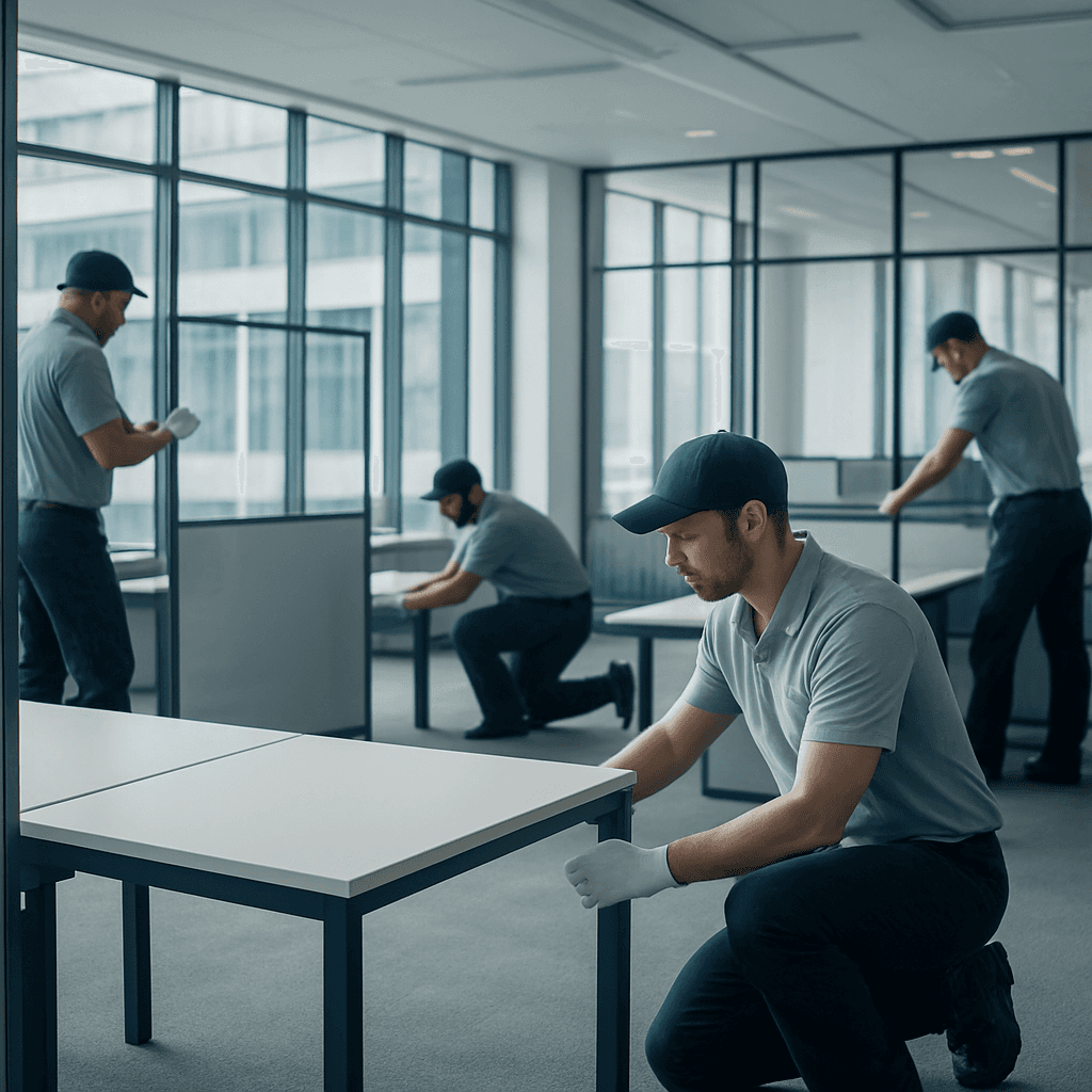 Noova Express certified installers assembling workstations in a corporate office